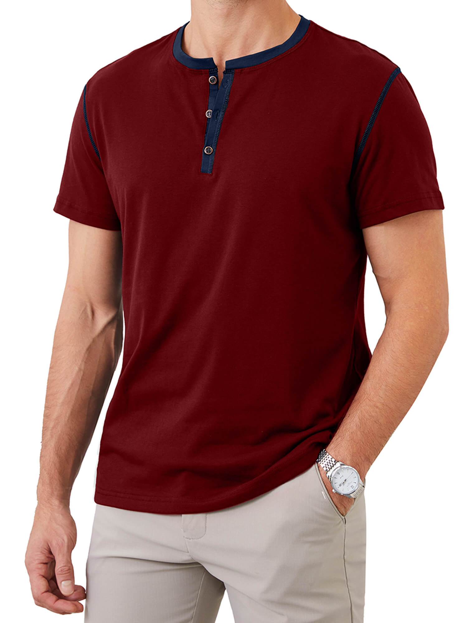 Demotime Men's Henley Shirts Short Sleeves Round Neck Casual Basic Shirt Summer Solid Color Lightweight Button T Shirts