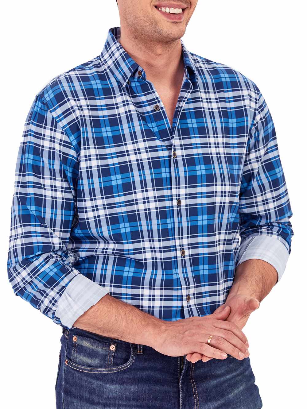Demotime Men's Gingham Button Down Stretch Business Casual Blouse