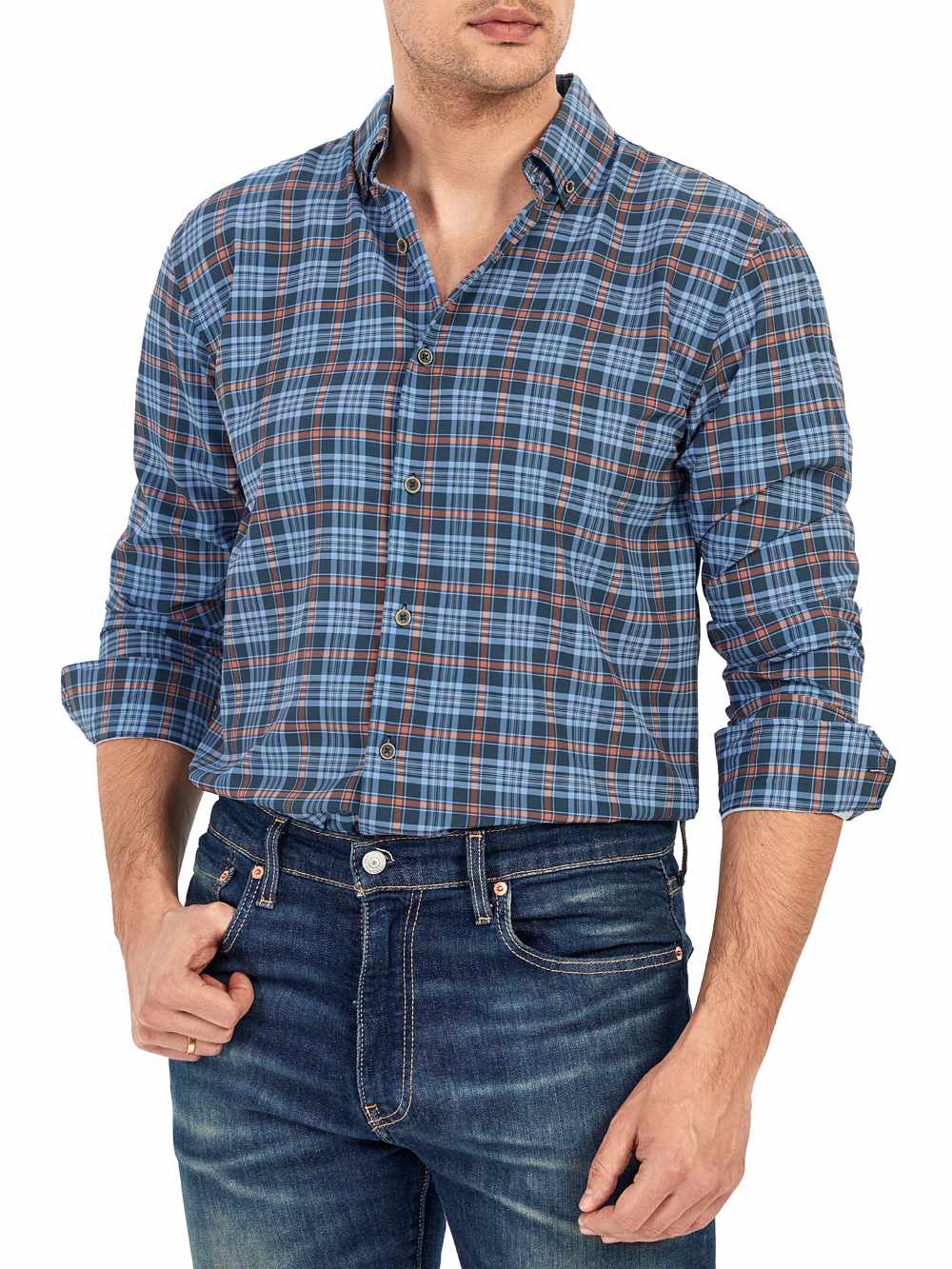Demotime Men's Gingham Button Down Stretch Business Casual Blouse