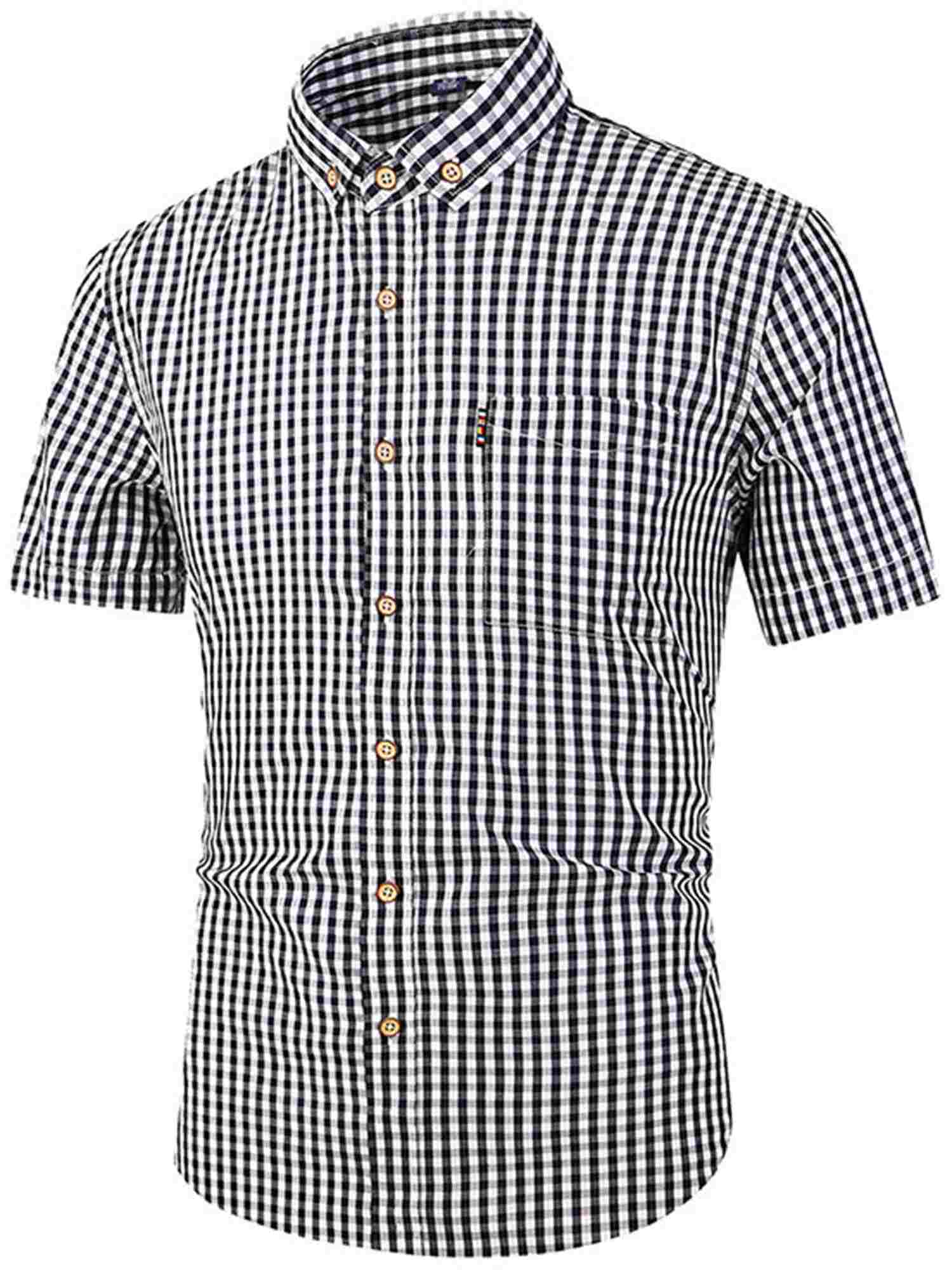 Demotime Mens Tops Short Sleeve Classic Button Down Plaid Wrinkle-free Shirt for Men