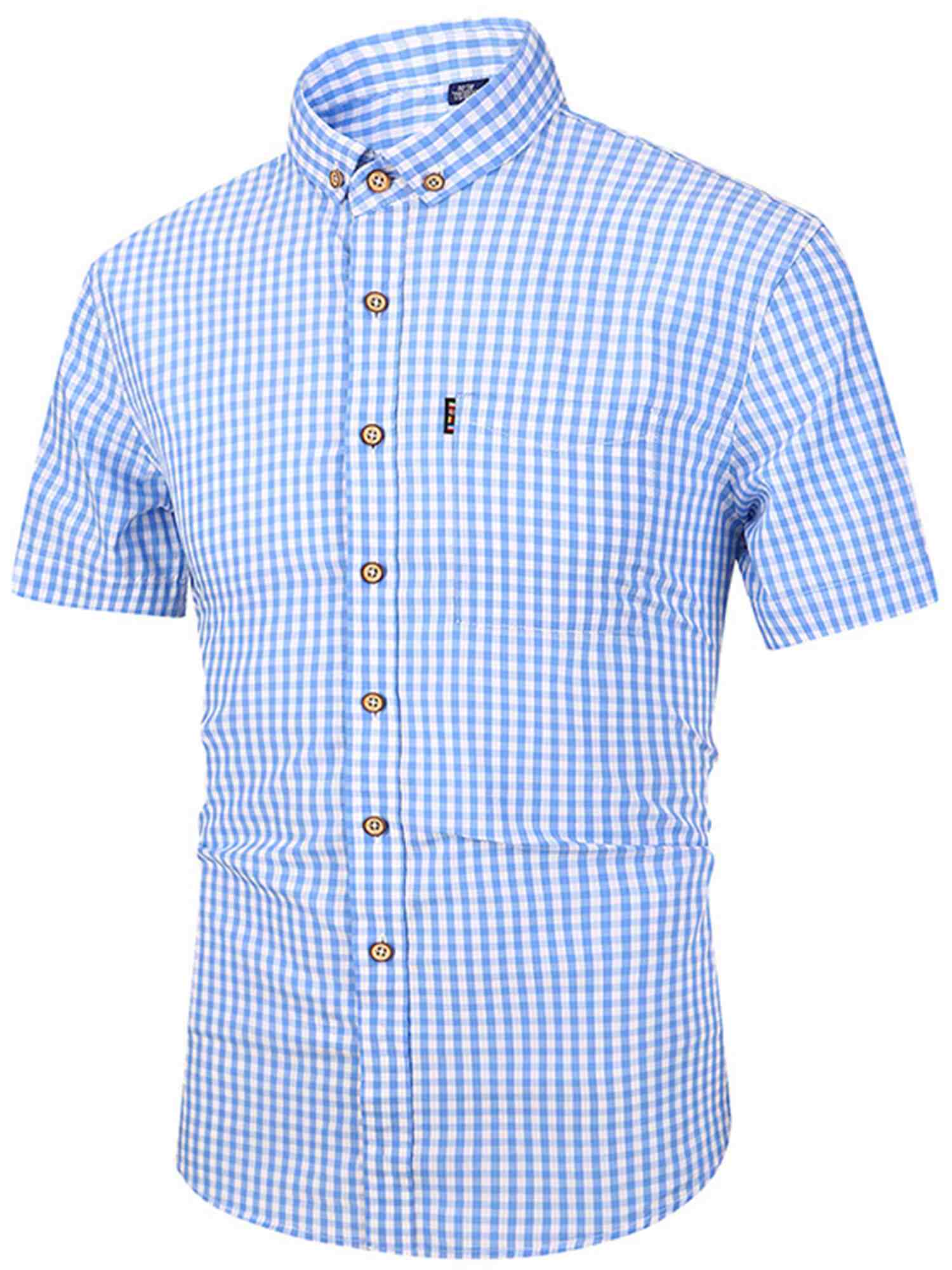 Demotime Mens Tops Short Sleeve Classic Button Down Plaid Wrinkle-free Shirt for Men