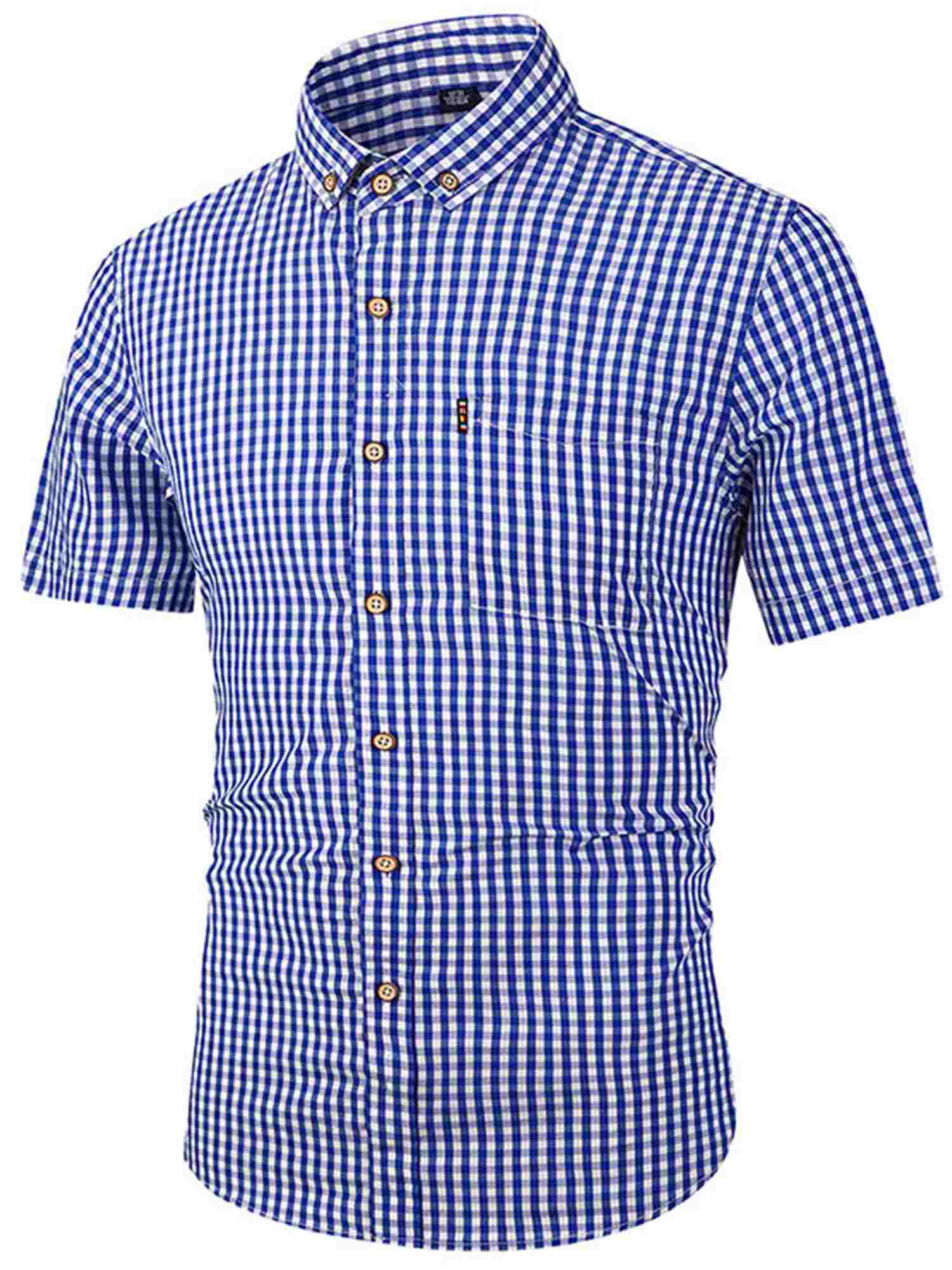 Demotime Mens Tops Short Sleeve Classic Button Down Plaid Wrinkle-free Shirt for Men