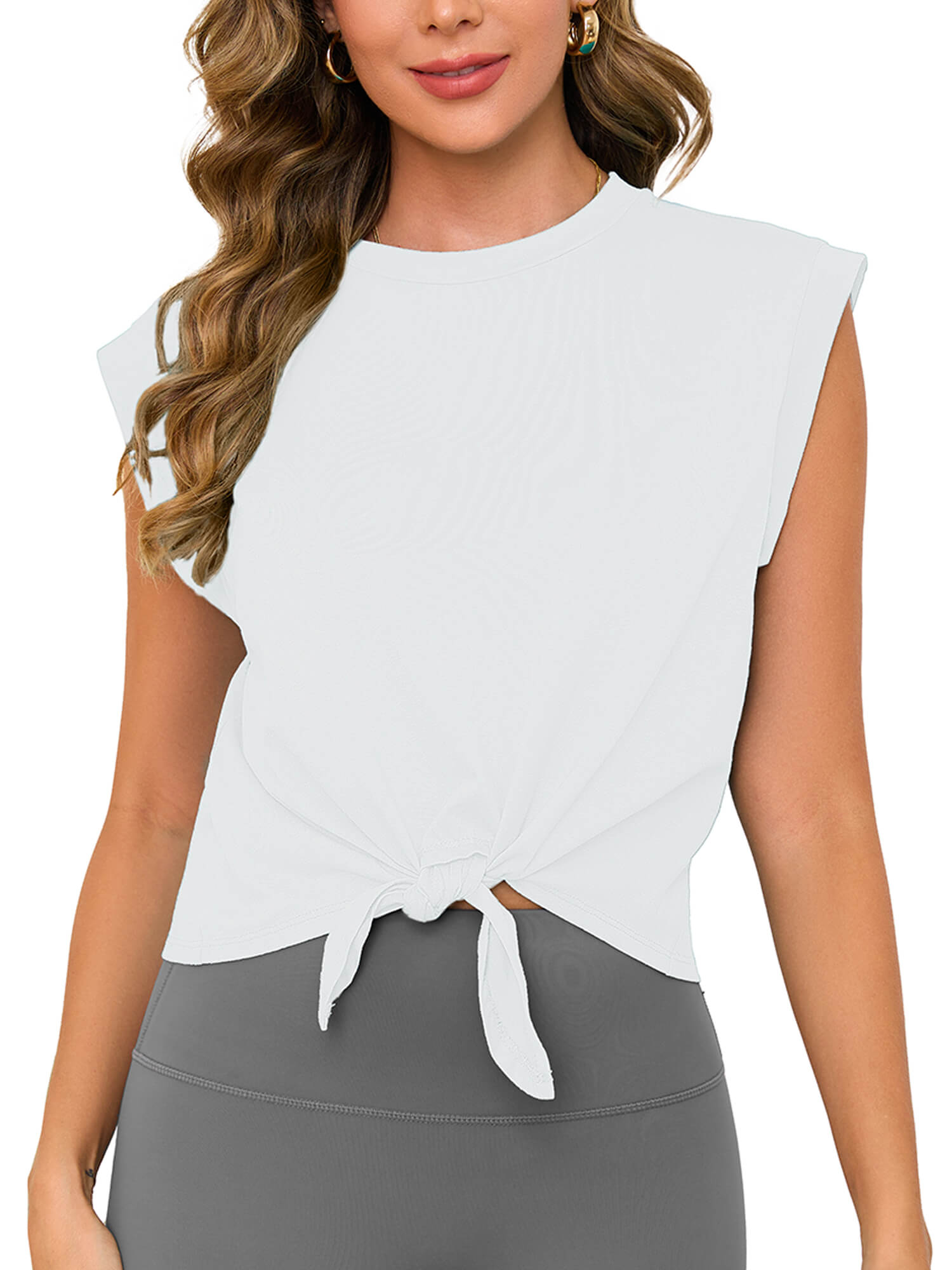 Demotime Women's Tops Sleeveless Crew Neck Crop Summer Casual Crop Tops Ivory
