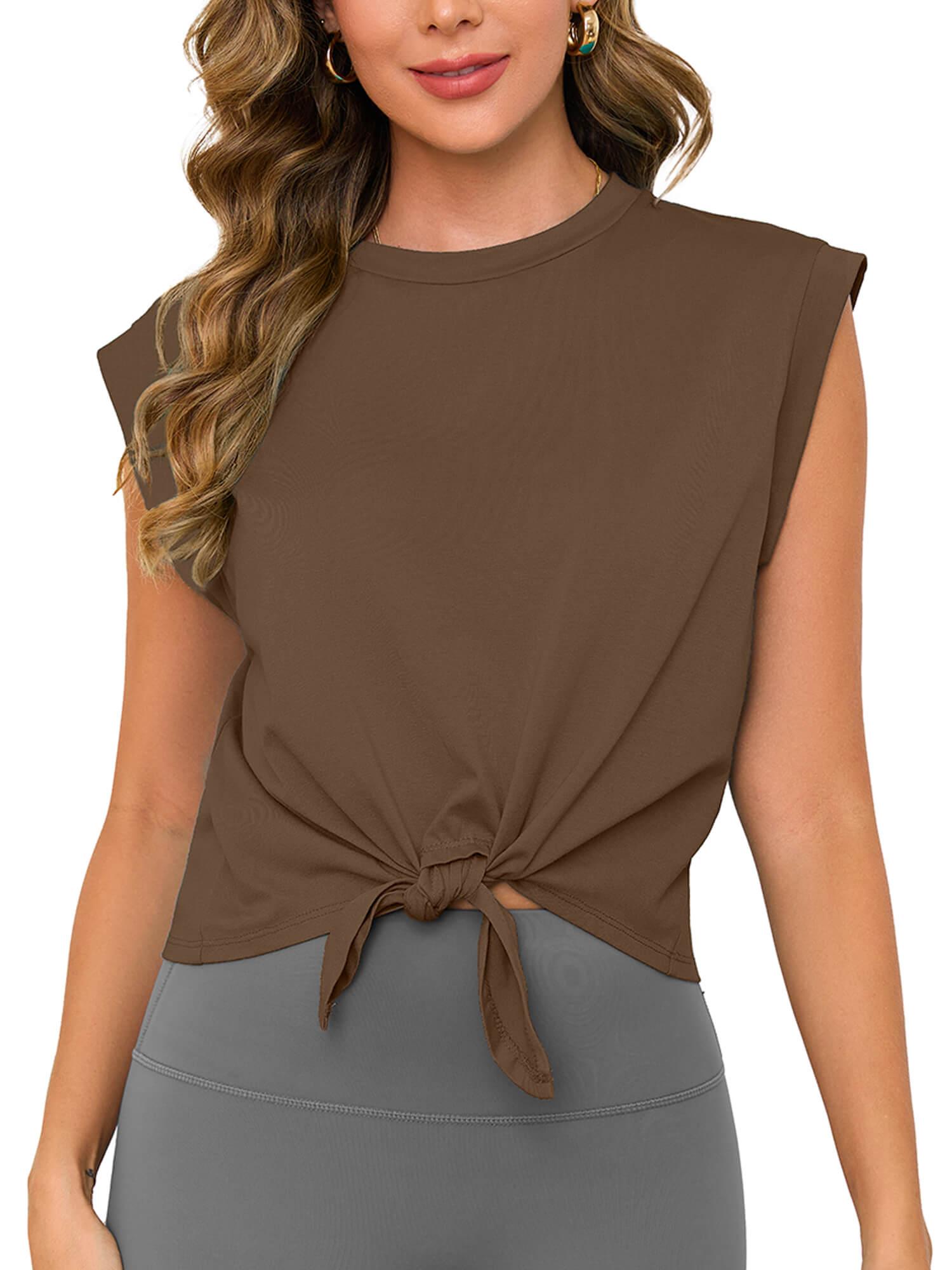 Demotime Women's Summer Tops Crew Neck Casual Activewear Cropped Shirts Brown

