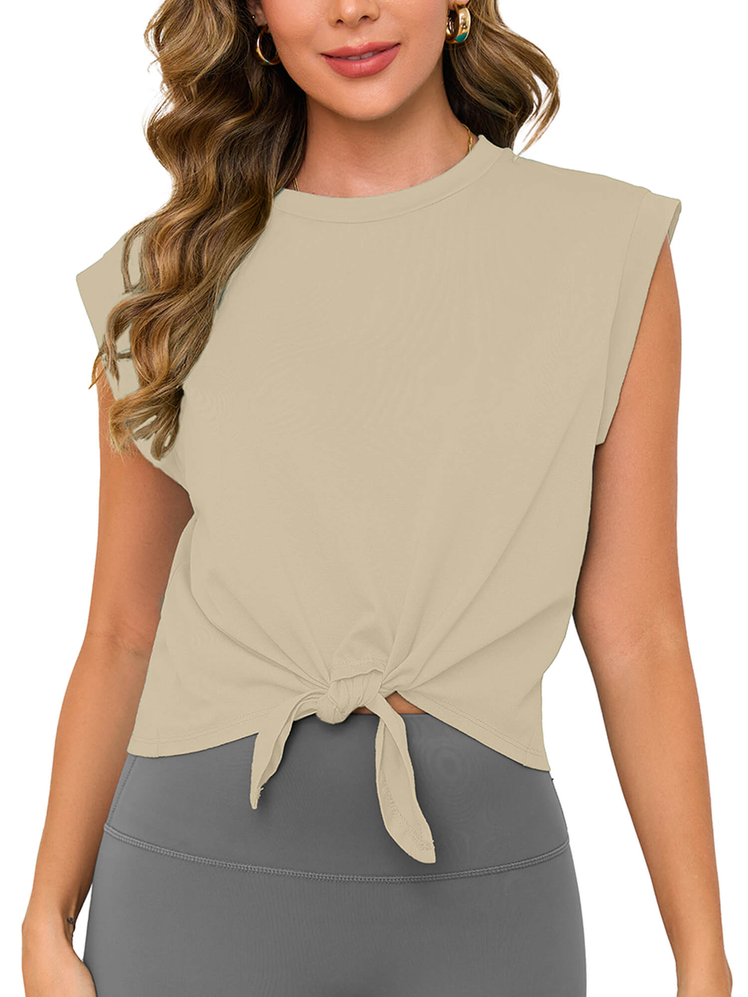 Demotime Women's Tops Sleeveless Crew Neck Crop Summer Casual Crop Tops Beige
