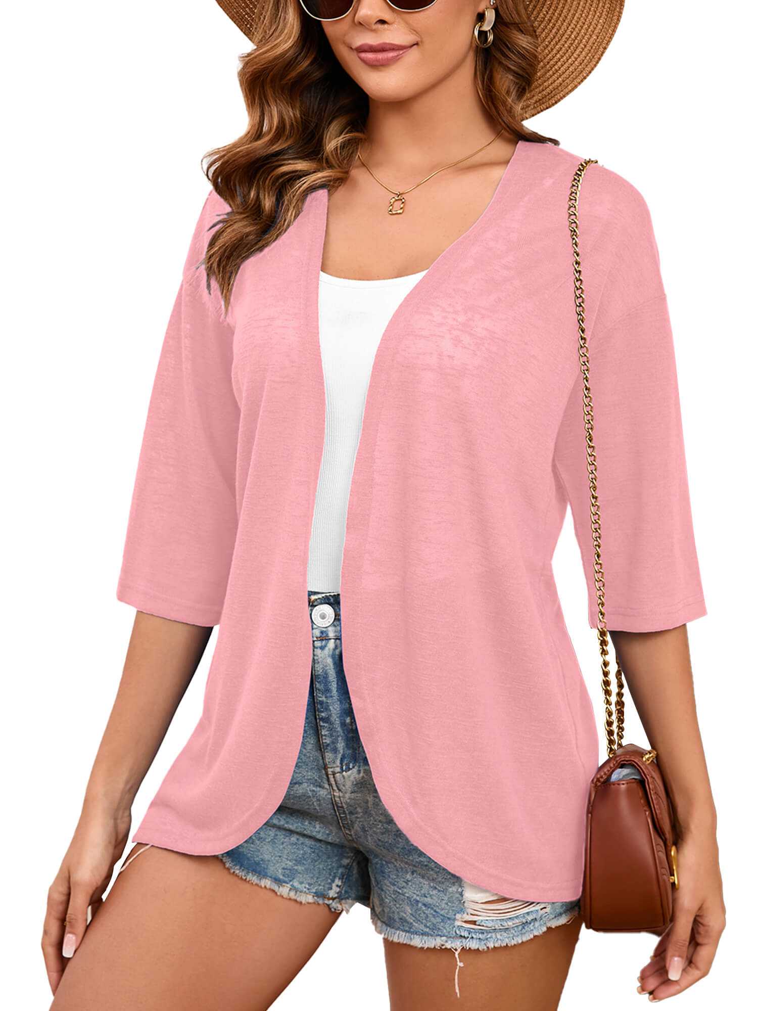 Demotime Womens Cardigan Lightweight Open Front 3/4 Sleeve Casual Soft Loose Fit Beach Cover Up Pink
