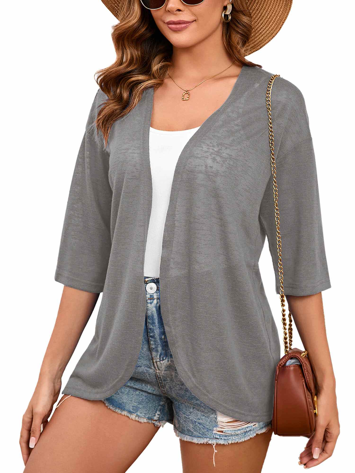 Demotime Womens Cardigan Lightweight Open Front 3/4 Sleeve Casual Soft Loose Fit Beach Cover Up Grey
