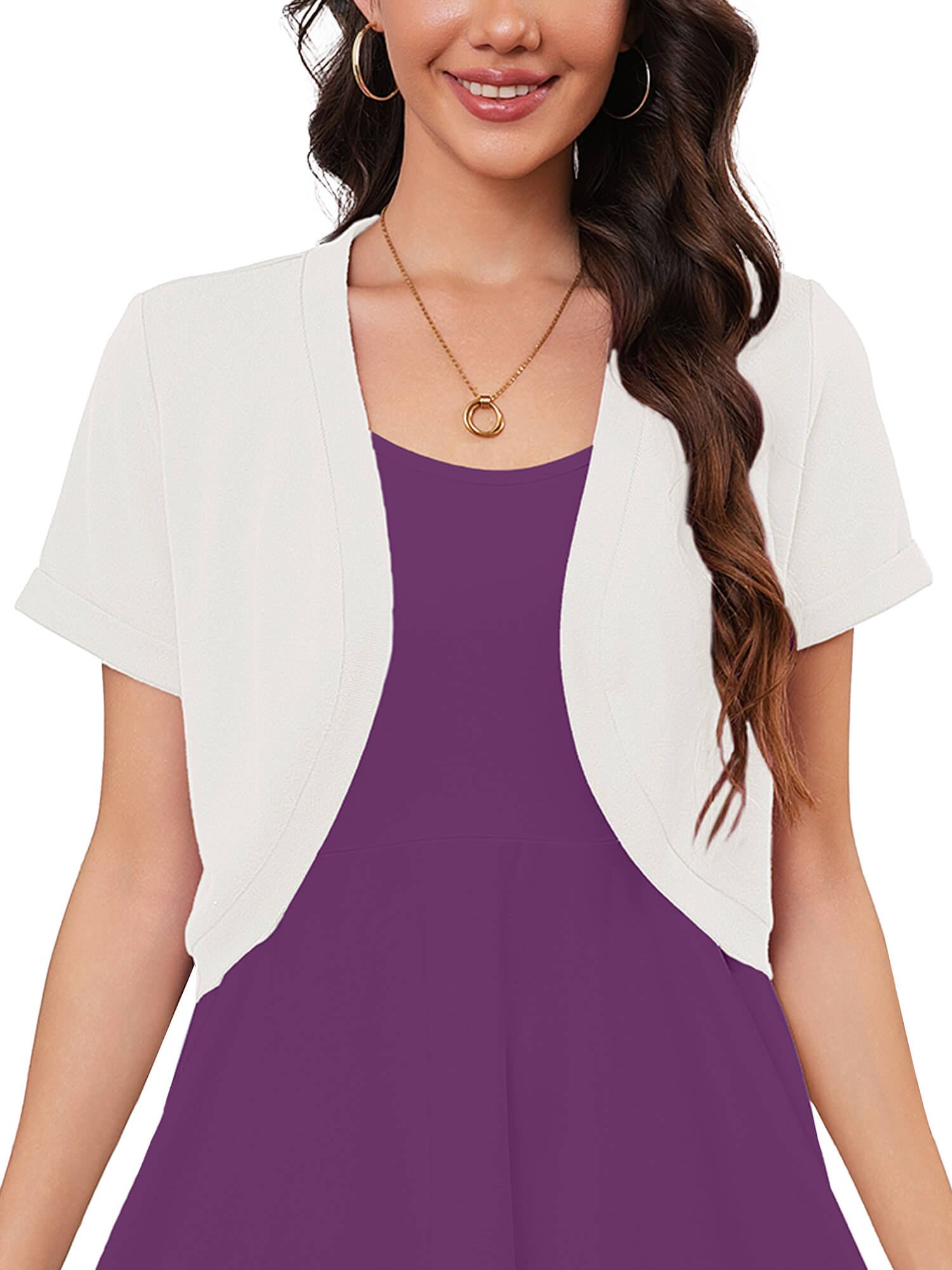 Demotime Women's Cardigan Open Front V-Neck Lightweight Short Sleeve Bolero Shrugs White
