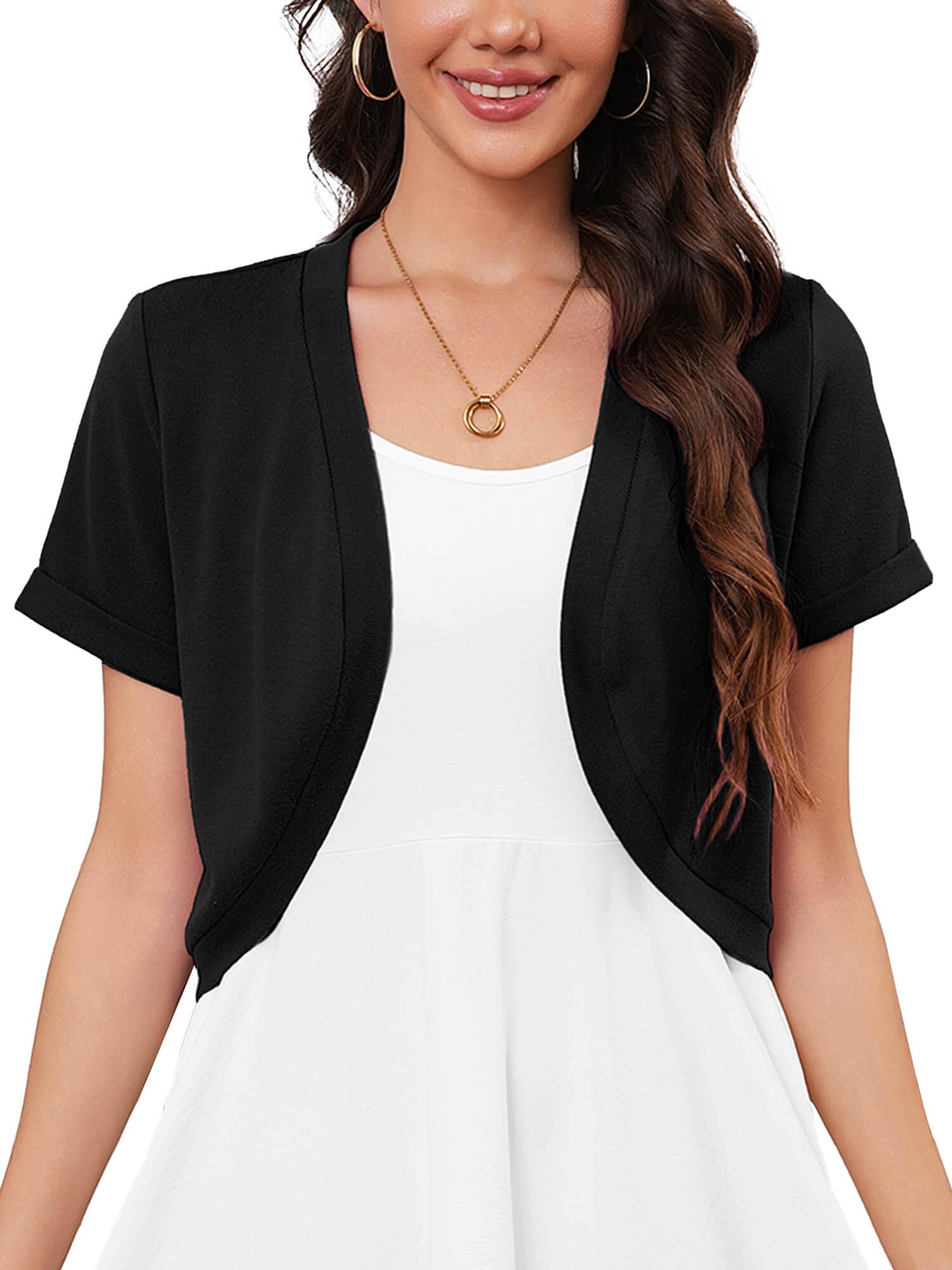 Demotime Women's Cardigan Open Front V-Neck Lightweight Short Sleeve Bolero Shrugs Black
