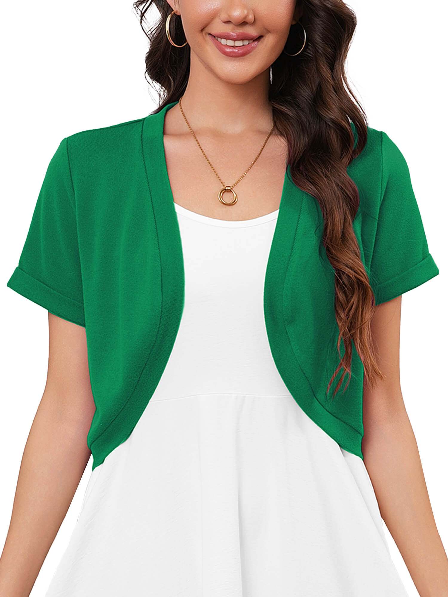 Demotime Women's Cardigan Open Front V-Neck Lightweight Short Sleeve Bolero Shrugs Green
