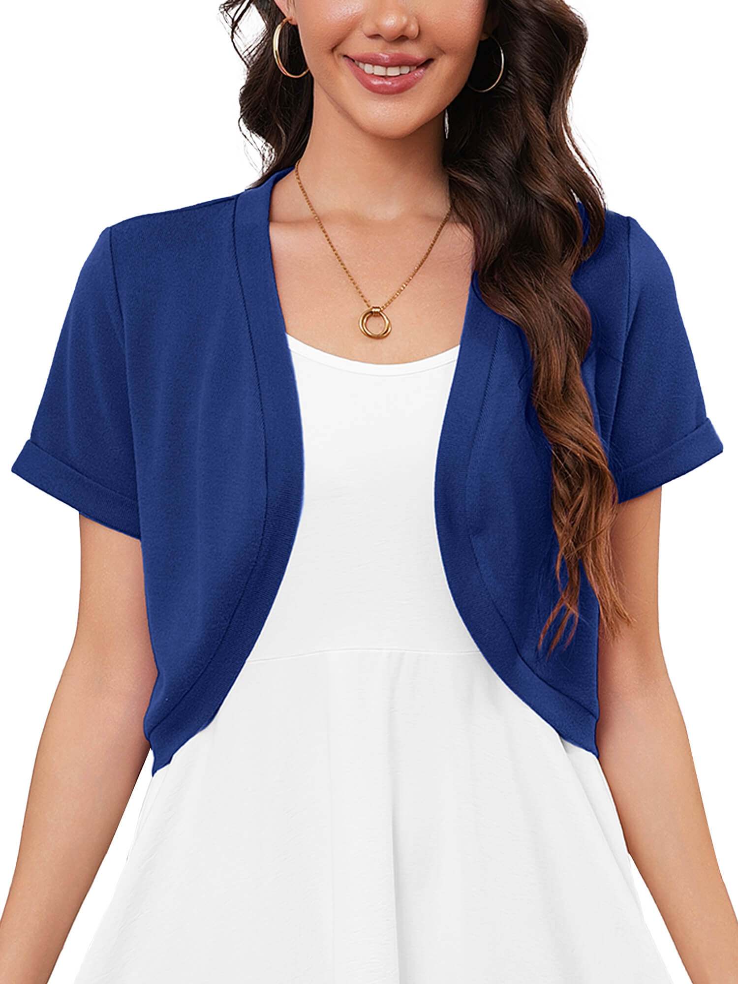 Demotime Women's Short Sleeve Bolero Shrugs Open Front Lightweight Cropped Cardigan Royal Blue
