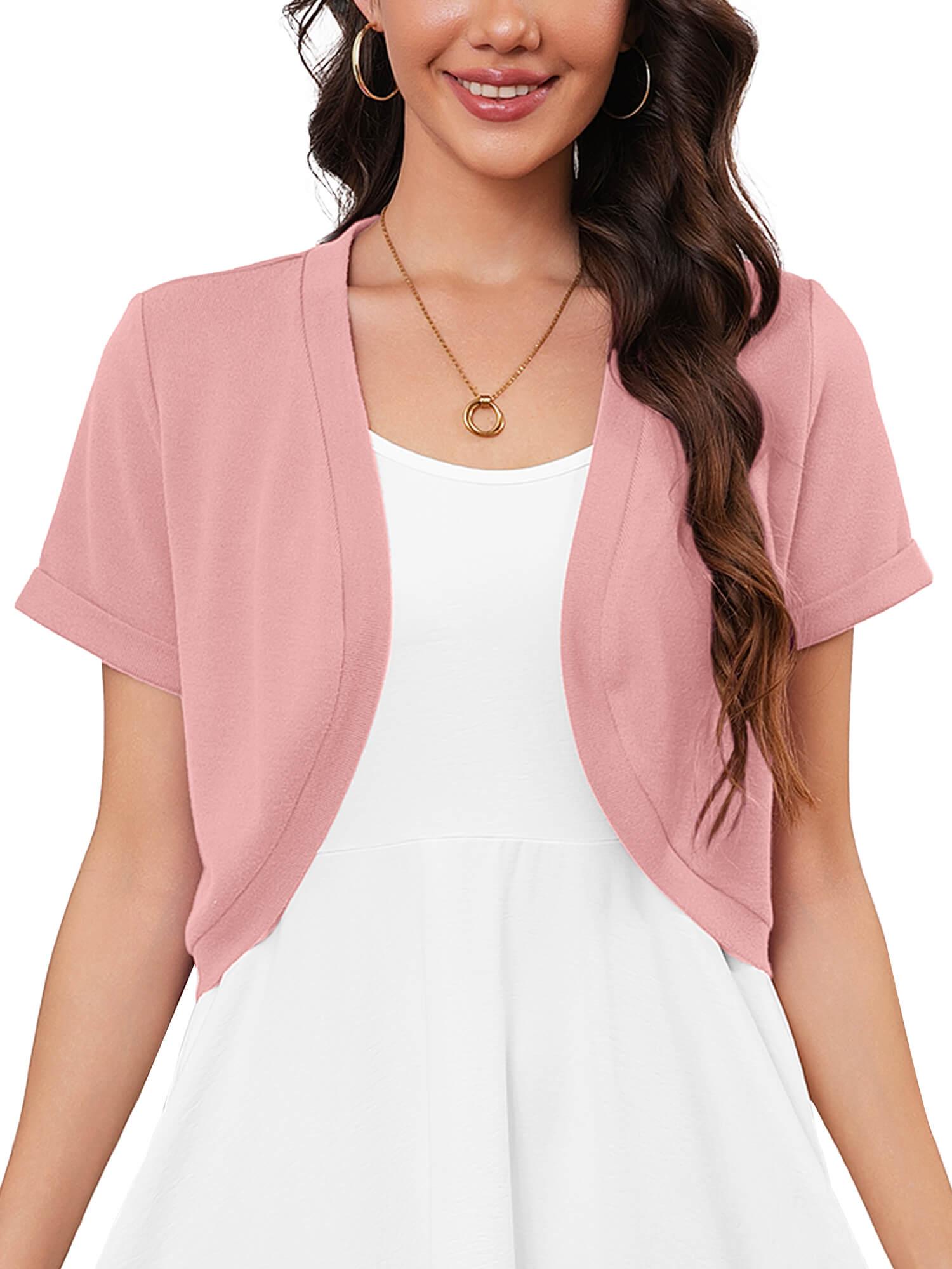 Demotime Women's Short Sleeve Bolero Shrugs Open Front Lightweight Cropped Cardigan Pink
