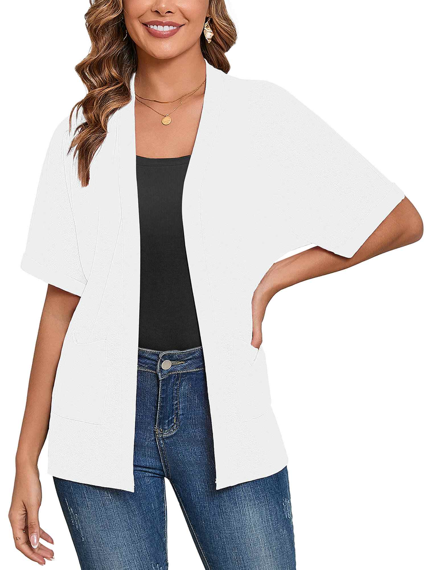 Demotime Women's Cardigans Open Front Short Sleeve Soft Casual Cover Up with Pockets White
