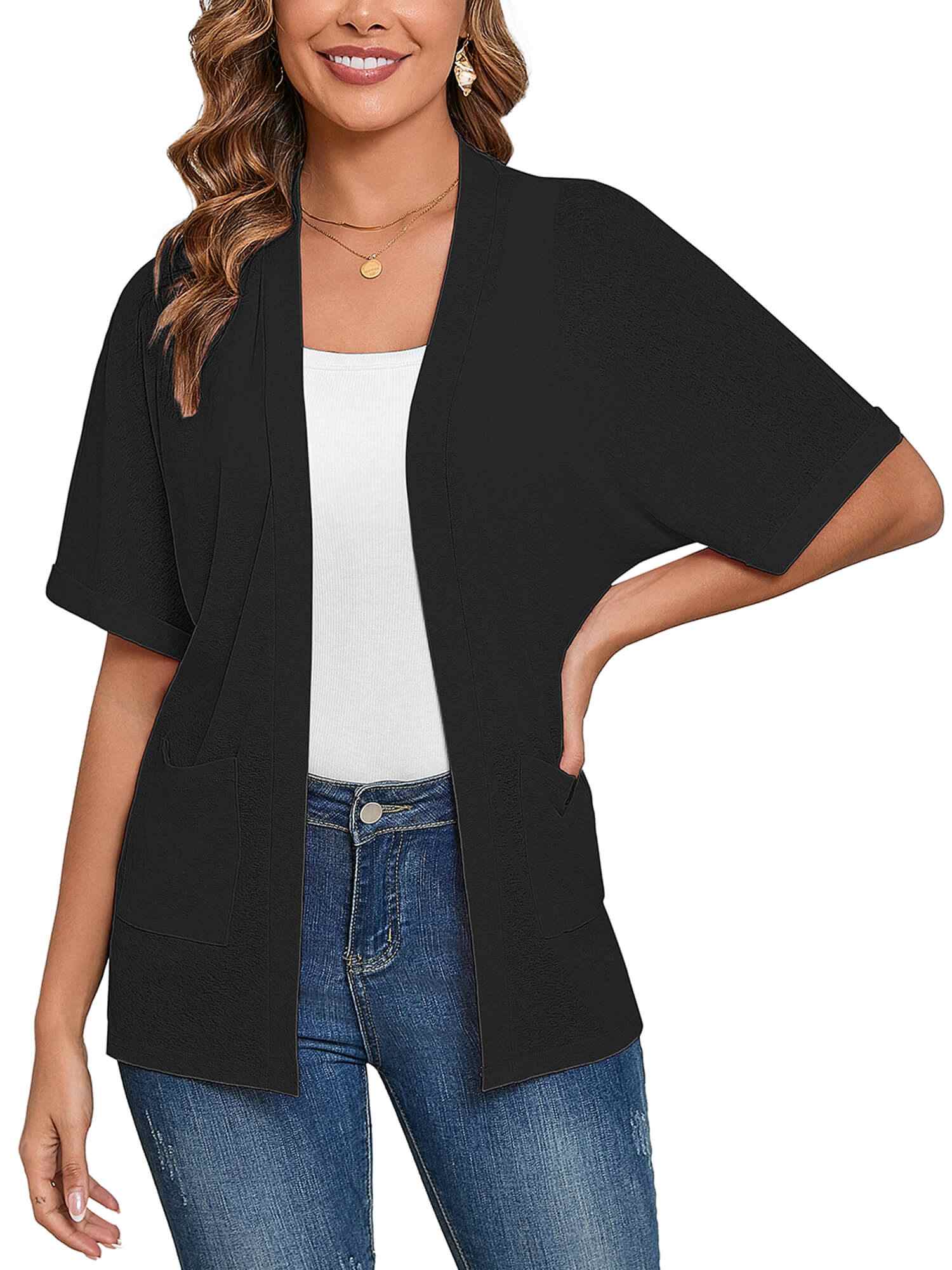 Demotime Women's Cardigans Open Front Short Sleeve Soft Casual Cover Up with Pockets Black
