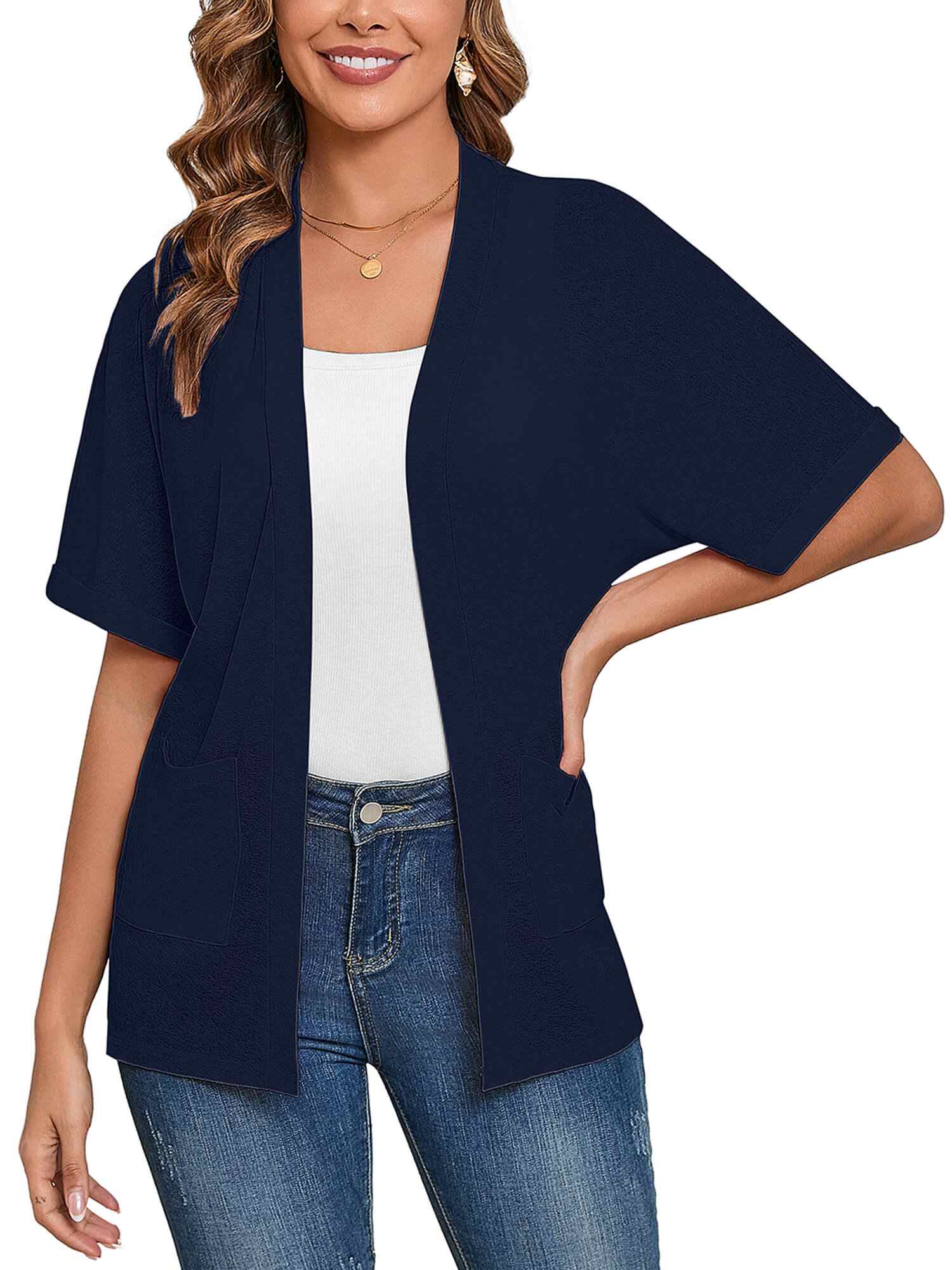 Demotime Women's Cardigans Open Front Short Sleeve Soft Casual Cover Up with Pockets Navy Blue
