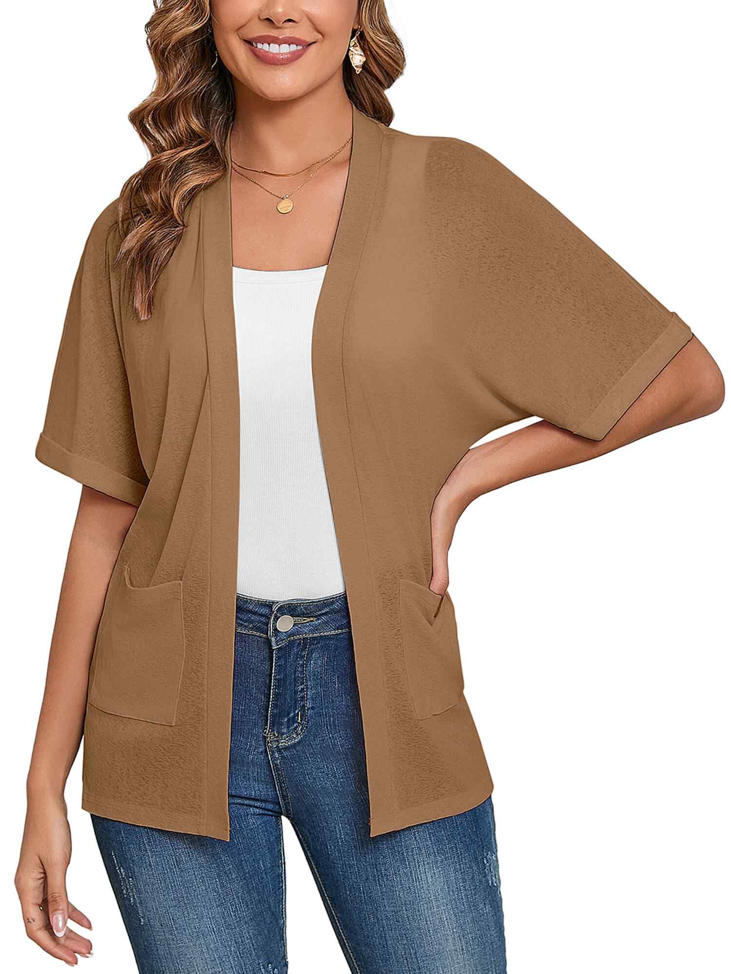 Demotime Women's Cardigans Open Front Short Sleeve Soft Casual Cover Up with Pockets Light Coffee
