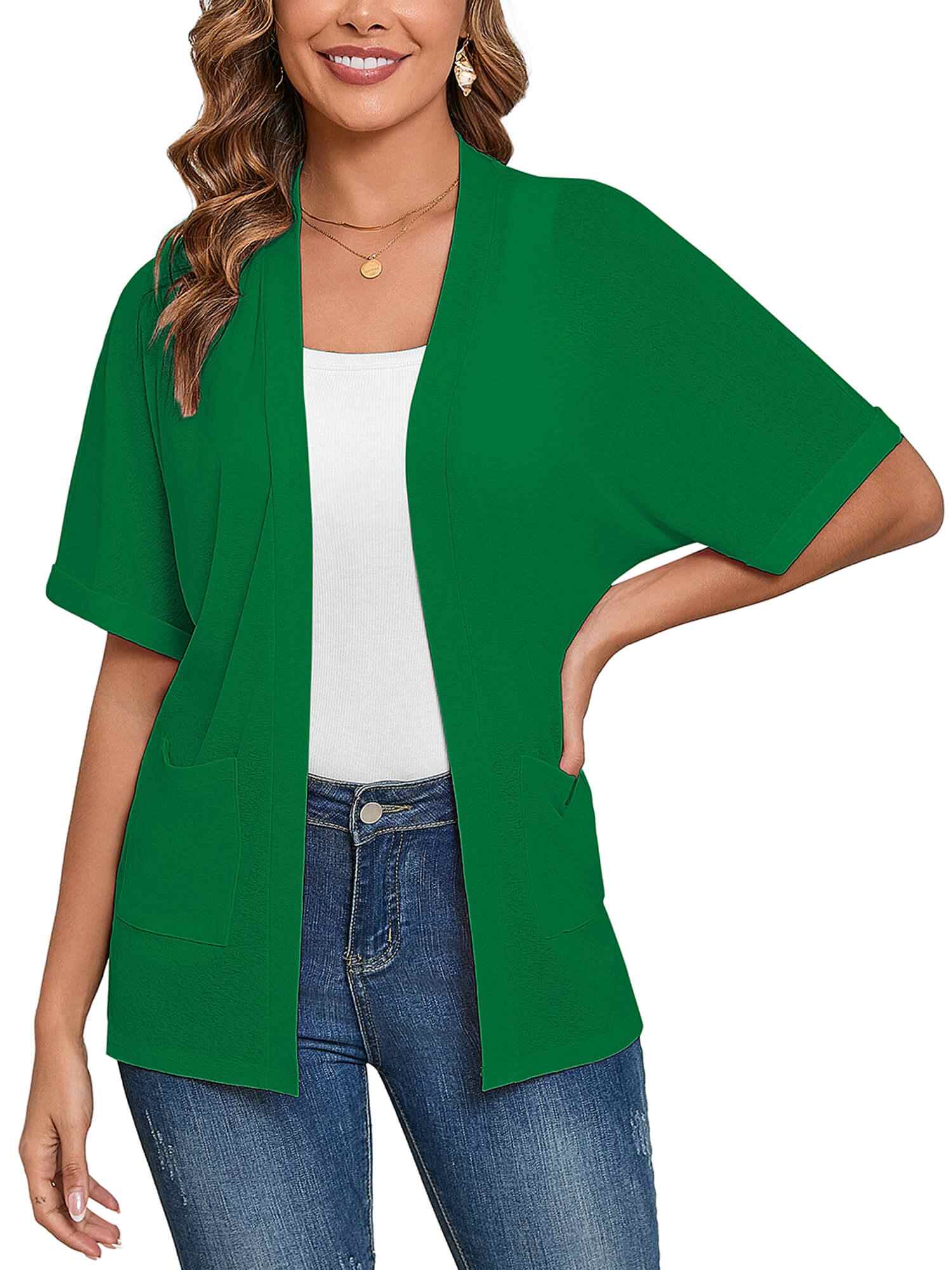 Demotime Women's Cardigans Open Front Short Sleeve Casual Lightweight Bolero Shrugs with Pockets Green
