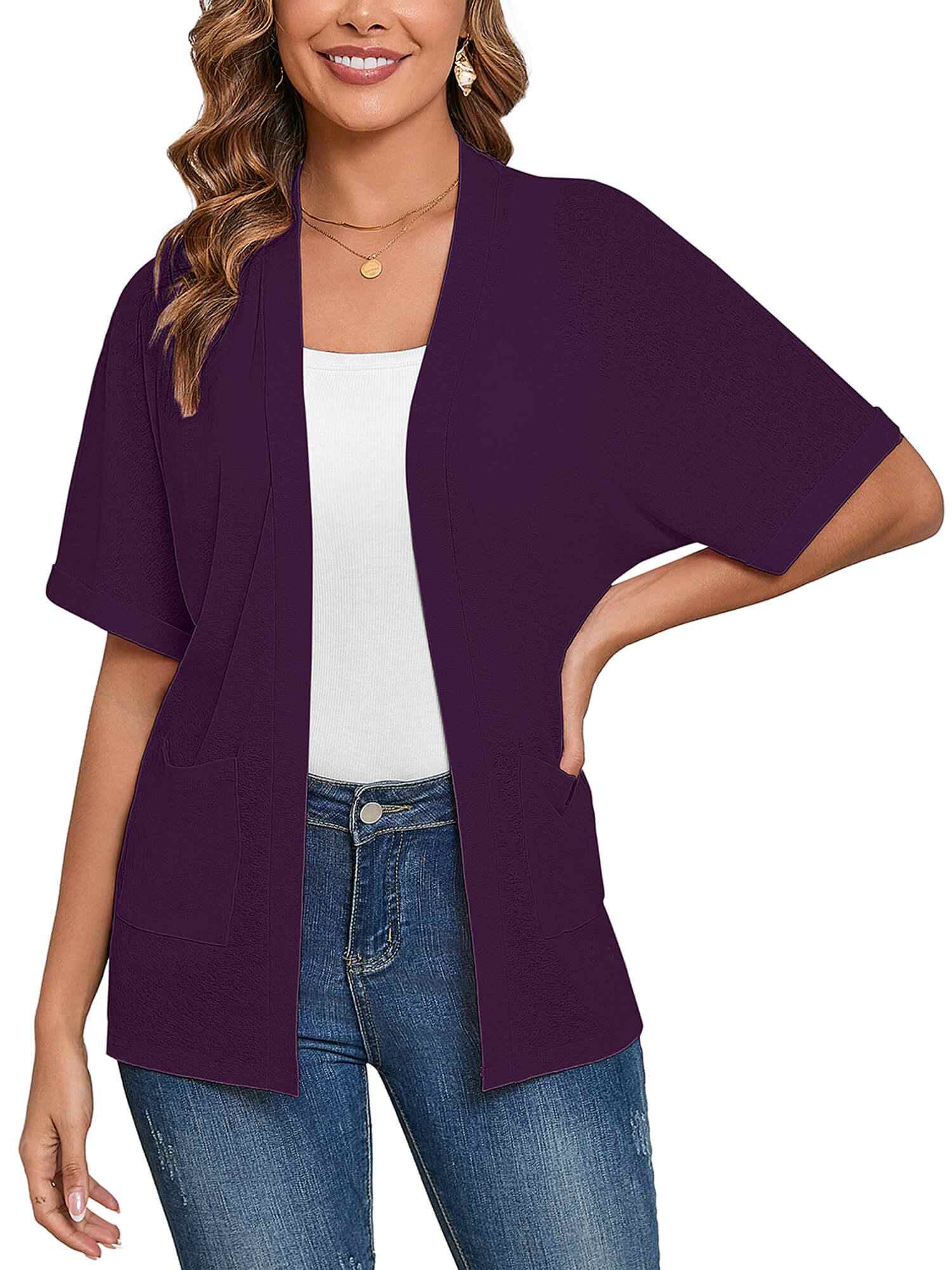 Demotime Women's Cardigans Open Front Short Sleeve Casual Lightweight Bolero Shrugs with Pockets Purple
