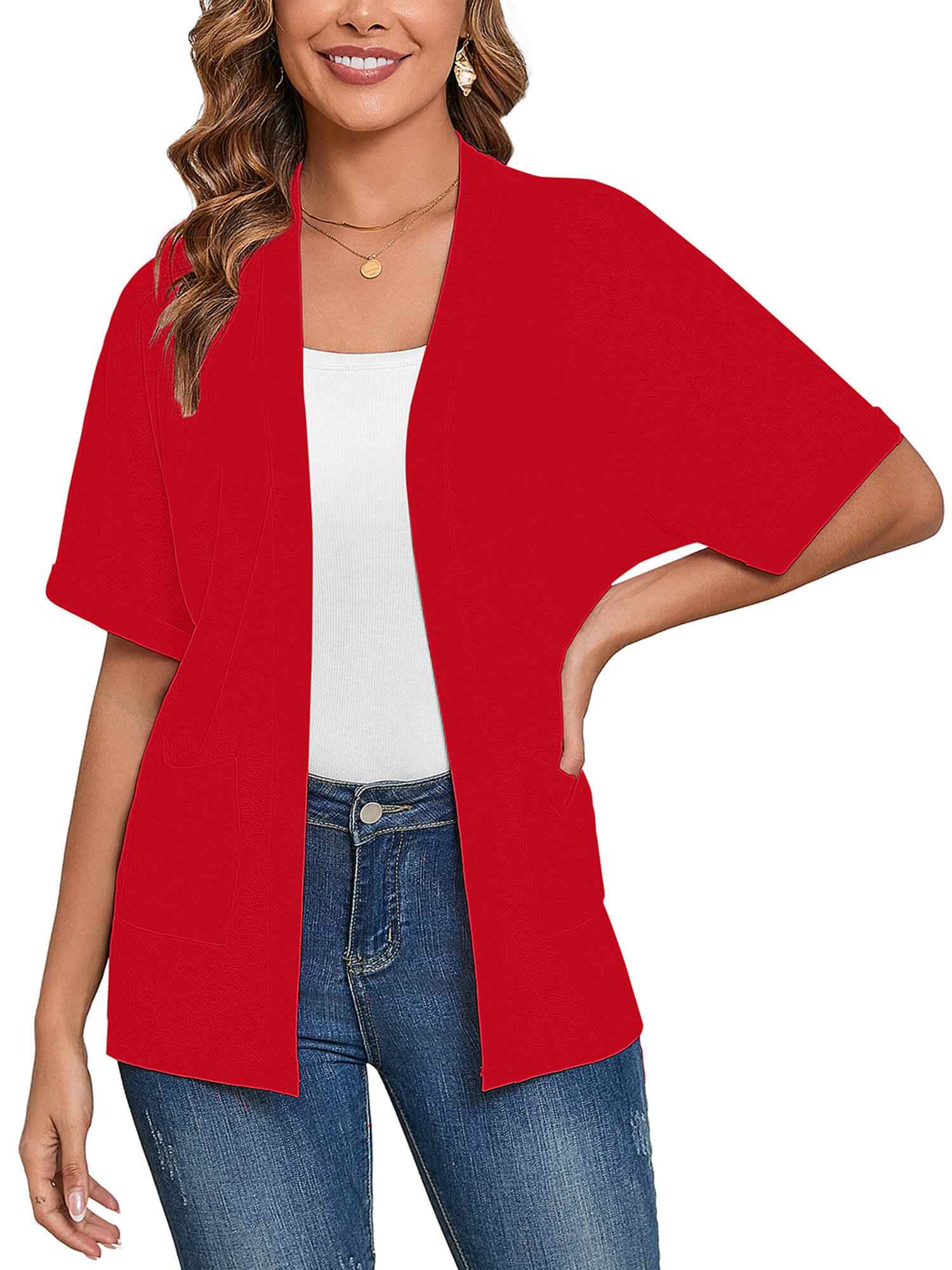 Demotime Women's Cardigans Open Front Short Sleeve Casual Lightweight Bolero Shrugs with Pockets Red
