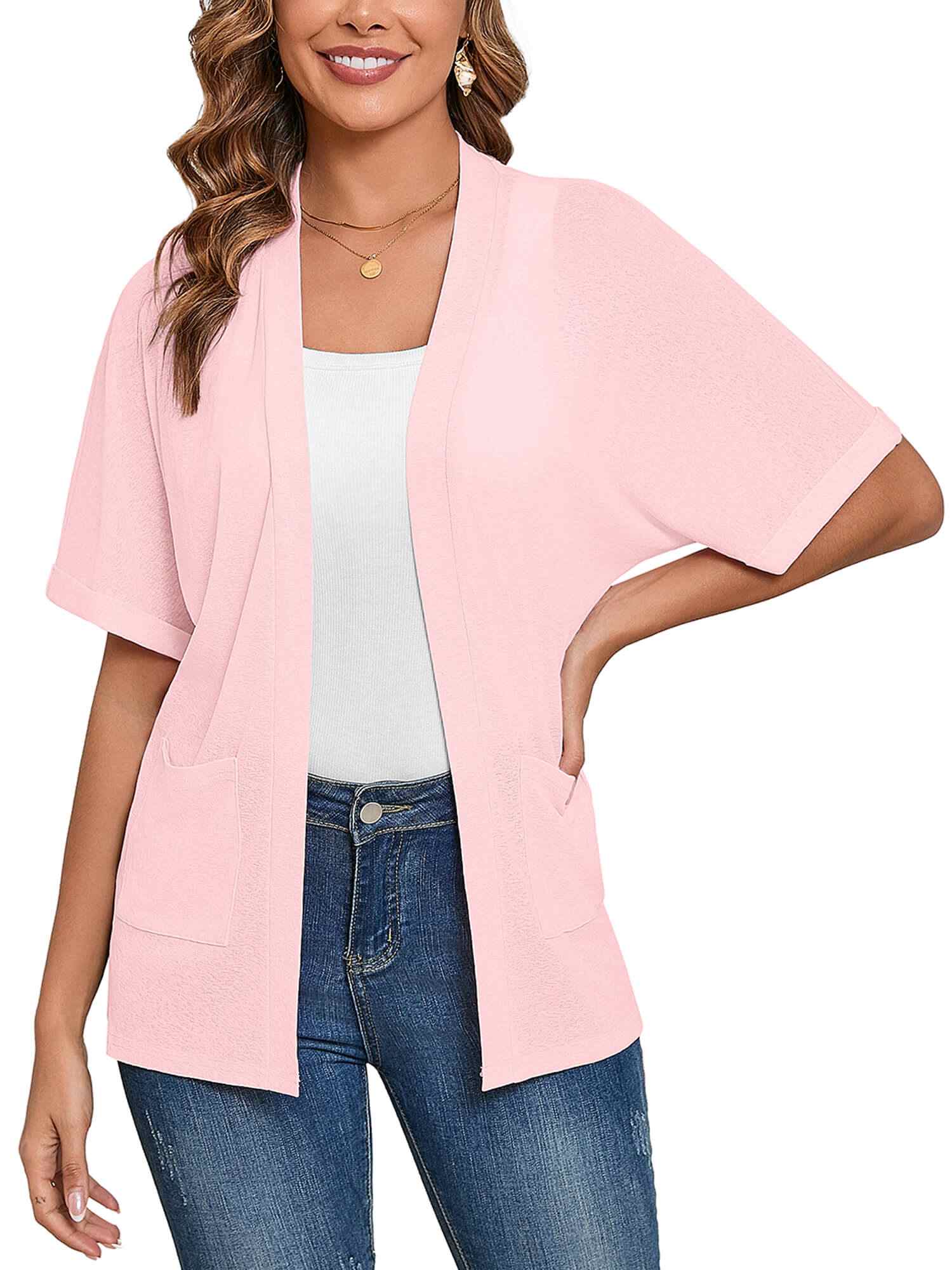 Demotime Women's Cardigans Open Front Short Sleeve Casual Lightweight Bolero Shrugs with Pockets Pink
